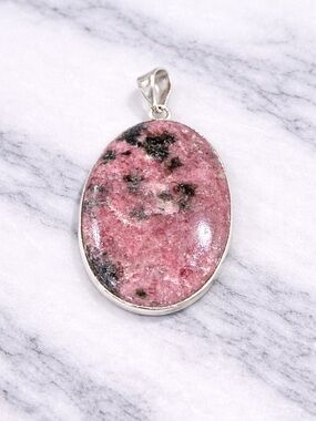 Large Rhodonite Pendant Pink Black Statement Stone Oval Plated Setting
